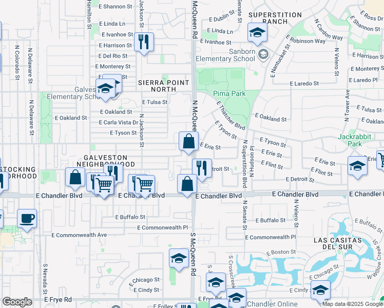 map of restaurants, bars, coffee shops, grocery stores, and more near 345 North Williams Street in Chandler