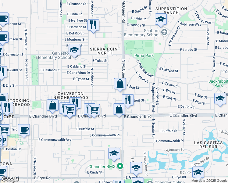 map of restaurants, bars, coffee shops, grocery stores, and more near 345 North Williams Street in Chandler
