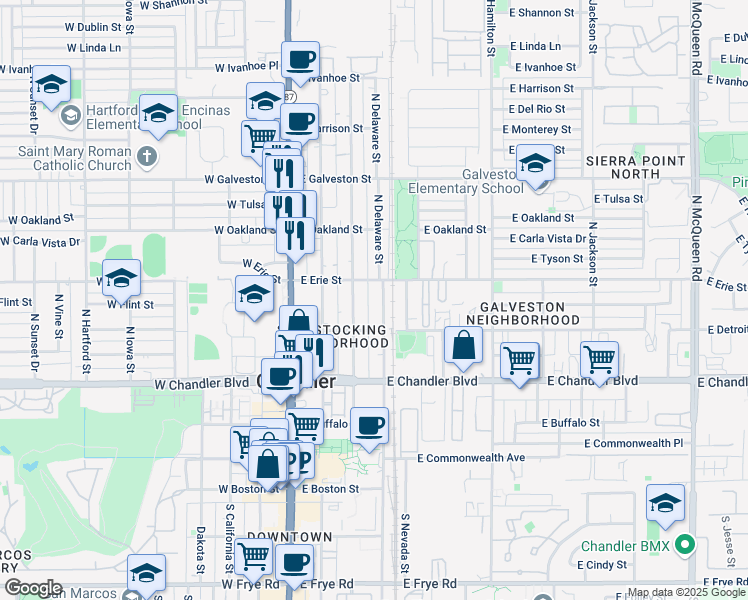 map of restaurants, bars, coffee shops, grocery stores, and more near 365 North Colorado Street in Chandler