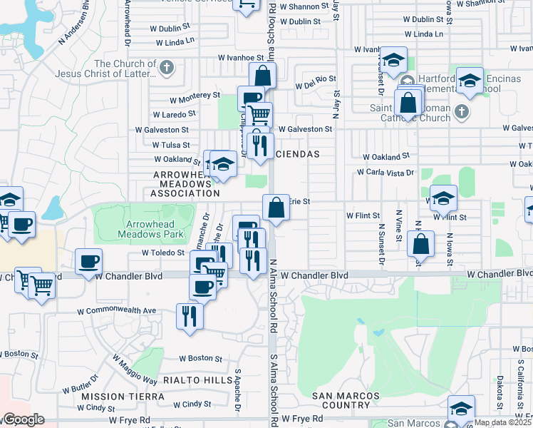 map of restaurants, bars, coffee shops, grocery stores, and more near 1000 West Flint Street in Chandler