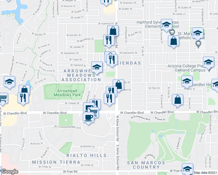 map of restaurants, bars, coffee shops, grocery stores, and more near 1000 West Flint Street in Chandler