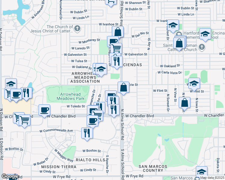 map of restaurants, bars, coffee shops, grocery stores, and more near 372 North Chippewa Place in Chandler