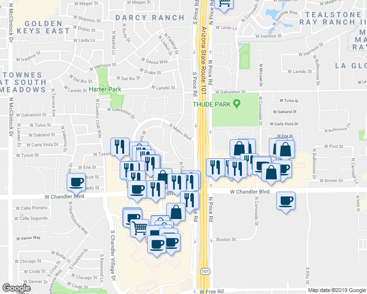 map of restaurants, bars, coffee shops, grocery stores, and more near 375 North Federal Street in Chandler