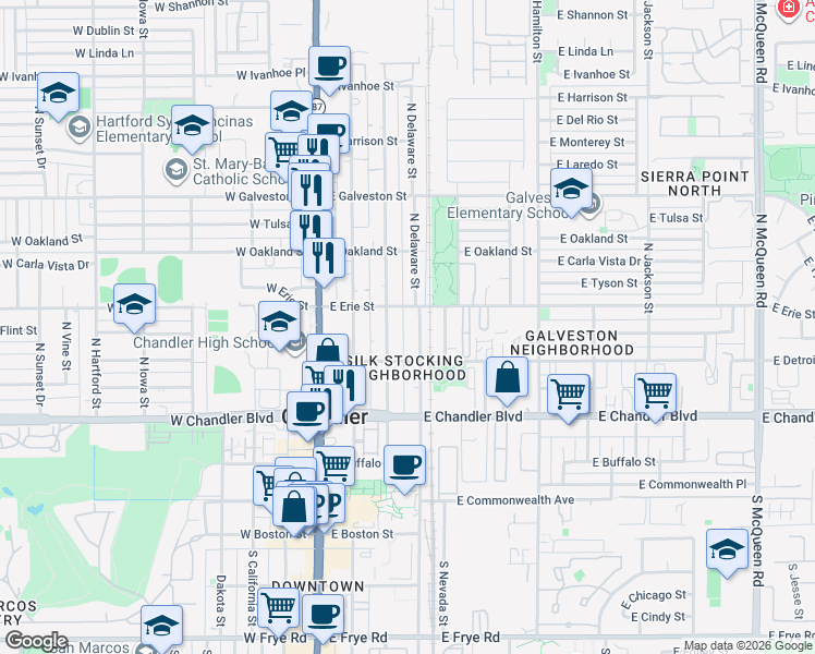 map of restaurants, bars, coffee shops, grocery stores, and more near 366 North Delaware Street in Chandler