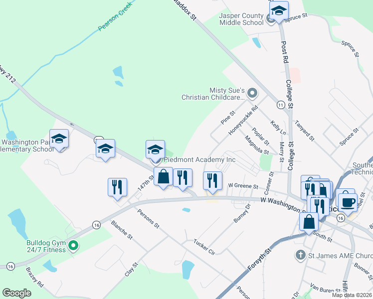 map of restaurants, bars, coffee shops, grocery stores, and more near 228 Honeysuckle Road in Monticello