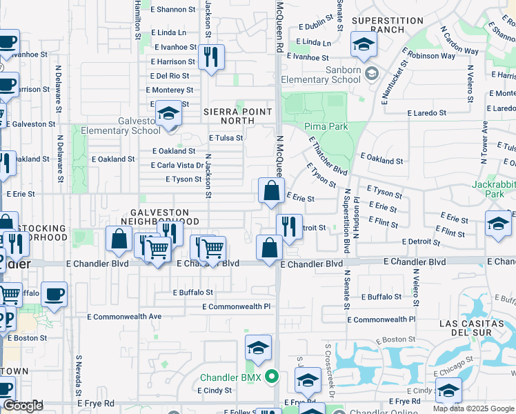 map of restaurants, bars, coffee shops, grocery stores, and more near 345 North Williams Street in Chandler
