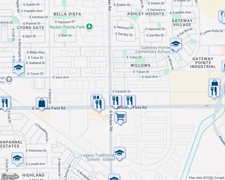 map of restaurants, bars, coffee shops, grocery stores, and more near 4021 East Pony Lane in Gilbert
