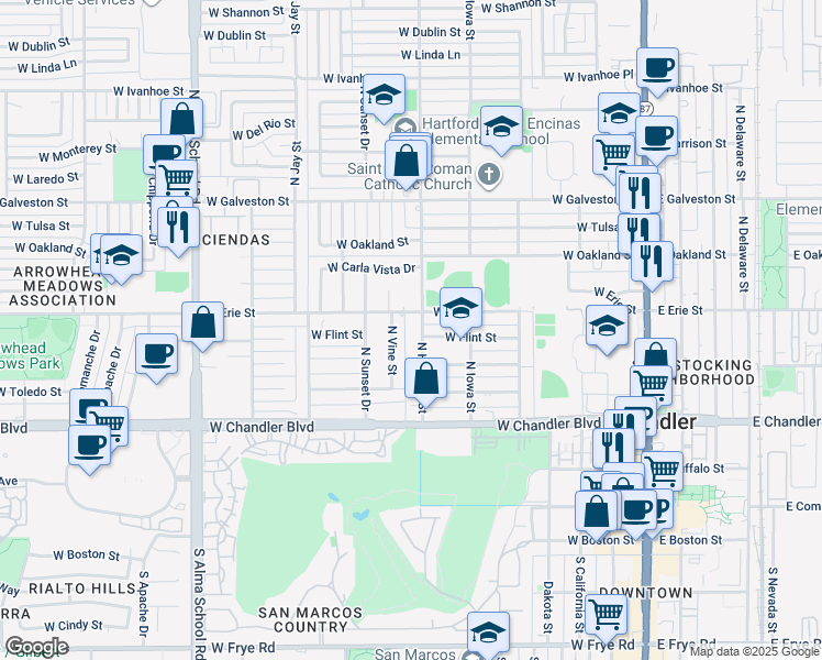 map of restaurants, bars, coffee shops, grocery stores, and more near 372 North Hartford Street in Chandler