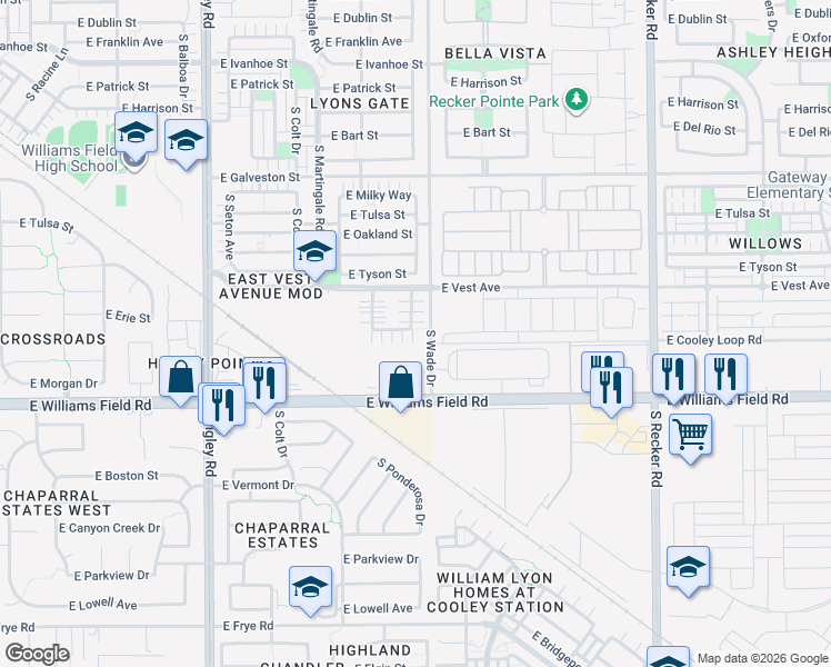 map of restaurants, bars, coffee shops, grocery stores, and more near 3559 East Erie Street in Gilbert