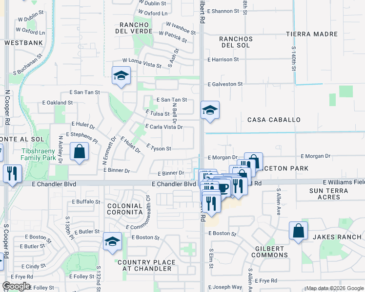 map of restaurants, bars, coffee shops, grocery stores, and more near 2872 East Tyson Street in Chandler