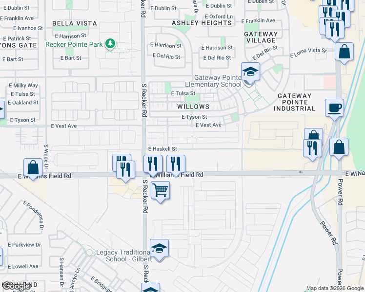 map of restaurants, bars, coffee shops, grocery stores, and more near 4155 East Pony Lane in Gilbert