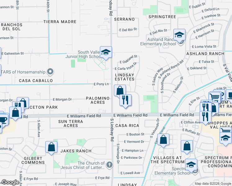 map of restaurants, bars, coffee shops, grocery stores, and more near 2266 South Heritage Drive in Gilbert