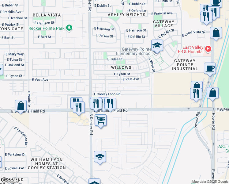 map of restaurants, bars, coffee shops, grocery stores, and more near 4155 East Pony Lane in Gilbert