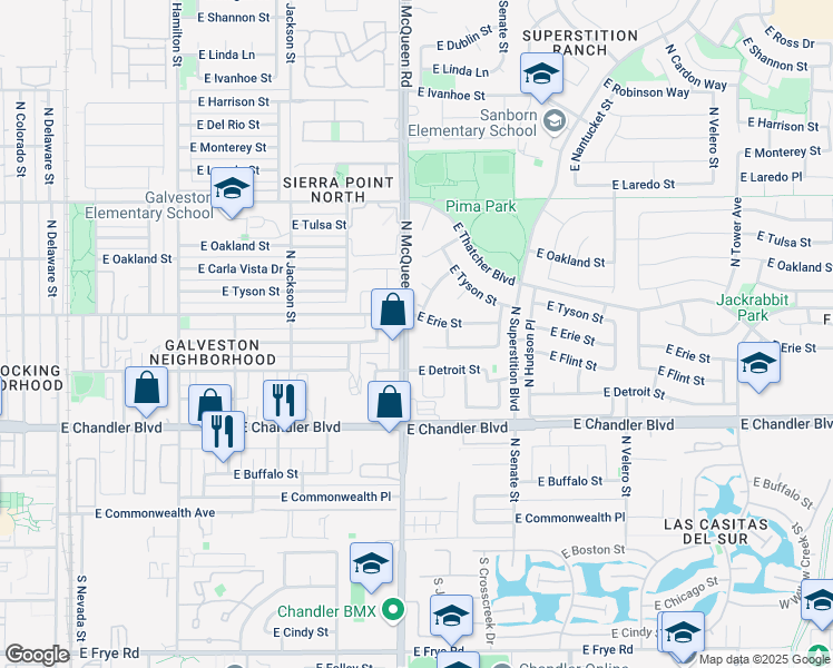 map of restaurants, bars, coffee shops, grocery stores, and more near 1080 East Flint Street in Chandler