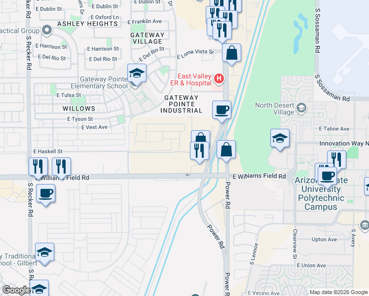 map of restaurants, bars, coffee shops, grocery stores, and more near 18256 East Williams Field Road in Gilbert