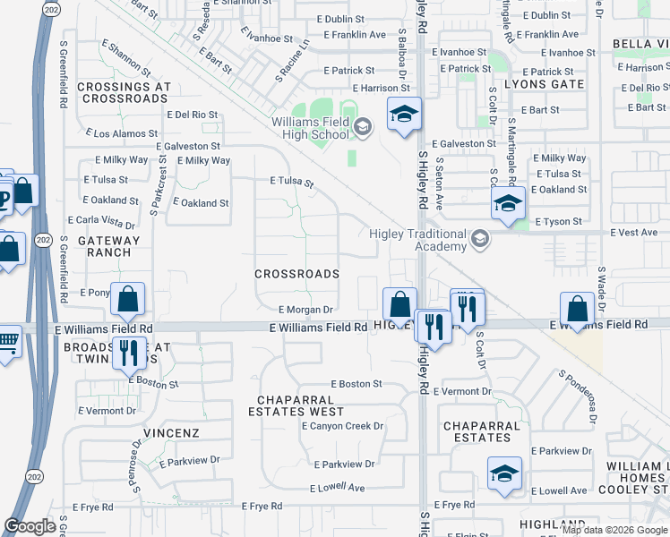 map of restaurants, bars, coffee shops, grocery stores, and more near 2975 East Toledo Court in Gilbert