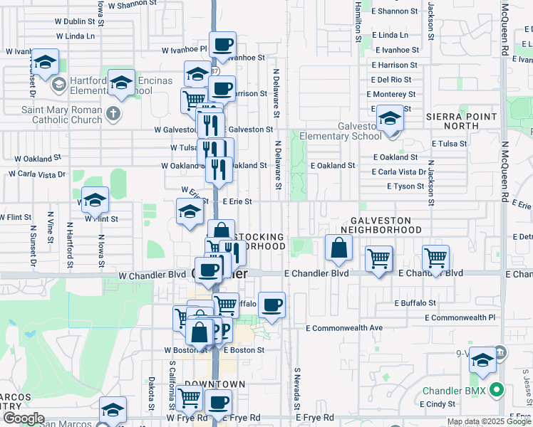 map of restaurants, bars, coffee shops, grocery stores, and more near 365 North Colorado Street in Chandler