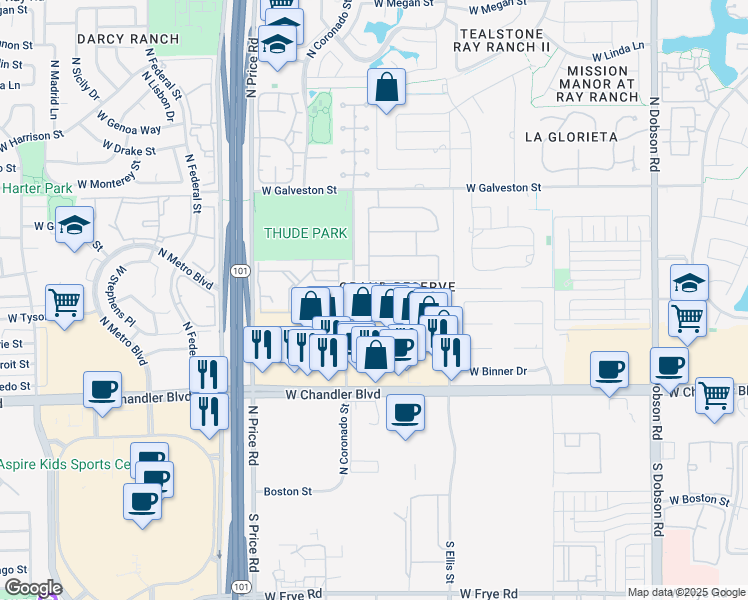 map of restaurants, bars, coffee shops, grocery stores, and more near 2705 West Flint Street in Chandler