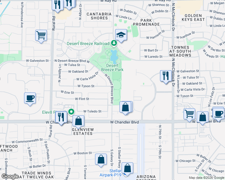 map of restaurants, bars, coffee shops, grocery stores, and more near in Chandler