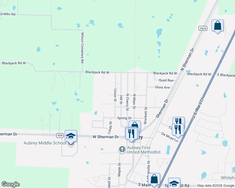 map of restaurants, bars, coffee shops, grocery stores, and more near 600 Union Street in Aubrey