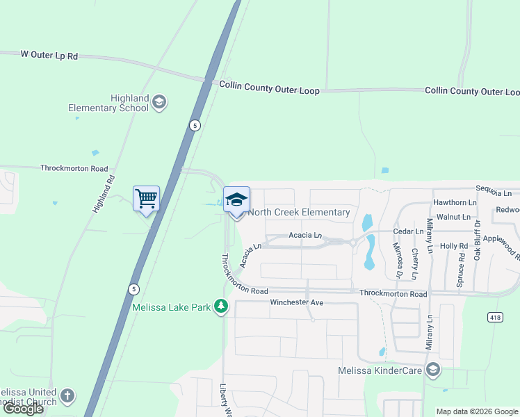 map of restaurants, bars, coffee shops, grocery stores, and more near 4401 Cypress Drive in Melissa