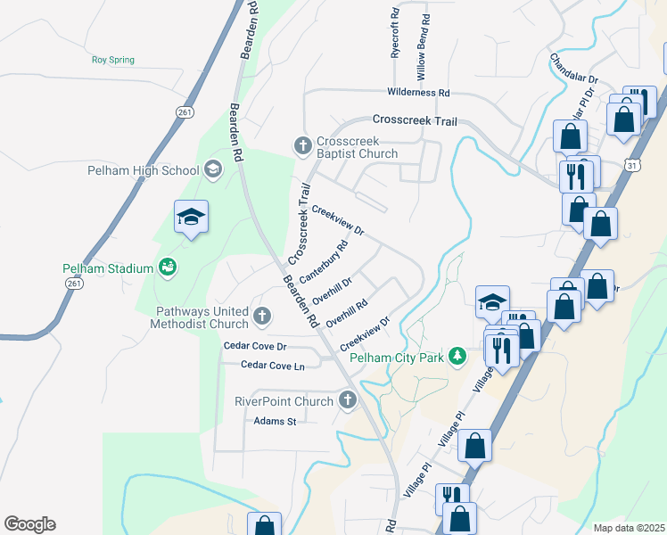 map of restaurants, bars, coffee shops, grocery stores, and more near 517 Canterbury Road in Pelham