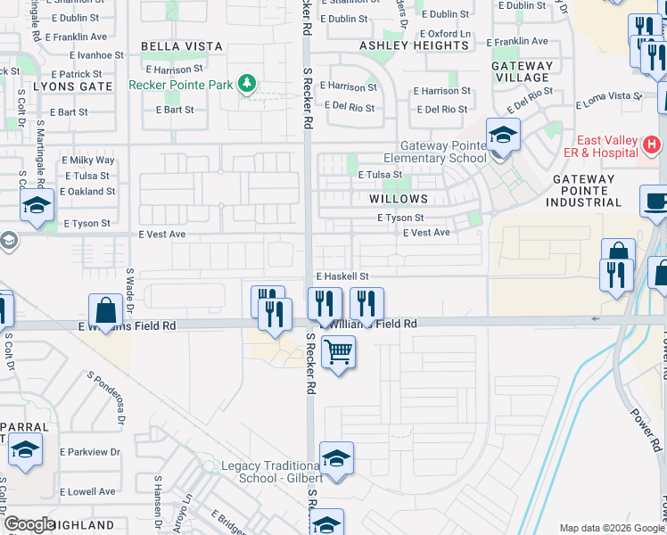 map of restaurants, bars, coffee shops, grocery stores, and more near 2282 South Swallow Lane in Gilbert