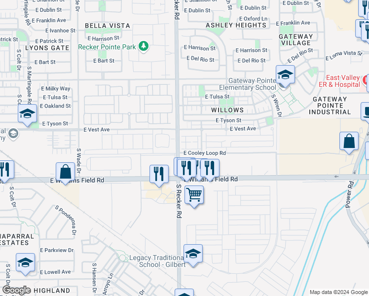 map of restaurants, bars, coffee shops, grocery stores, and more near 4021 East Pony Lane in Gilbert