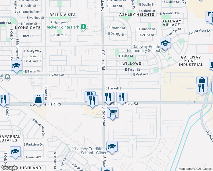 map of restaurants, bars, coffee shops, grocery stores, and more near 4021 East Pony Lane in Gilbert