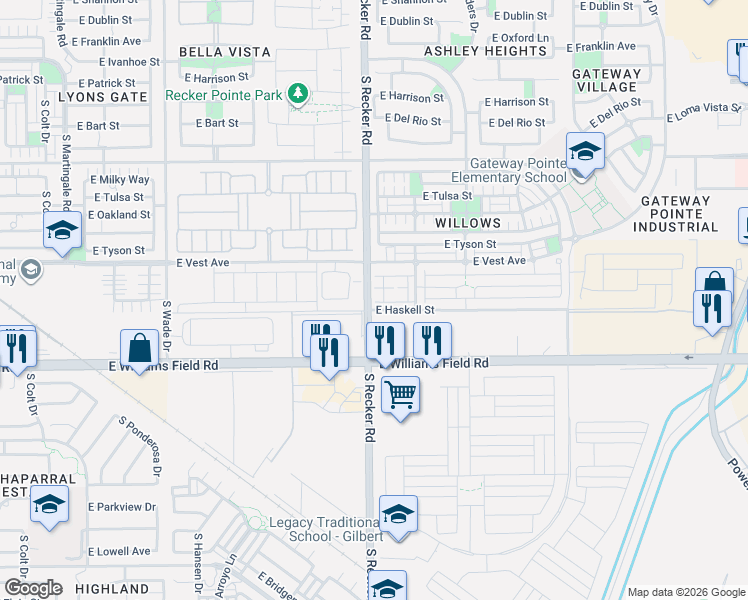 map of restaurants, bars, coffee shops, grocery stores, and more near 4021 East Pony Lane in Gilbert