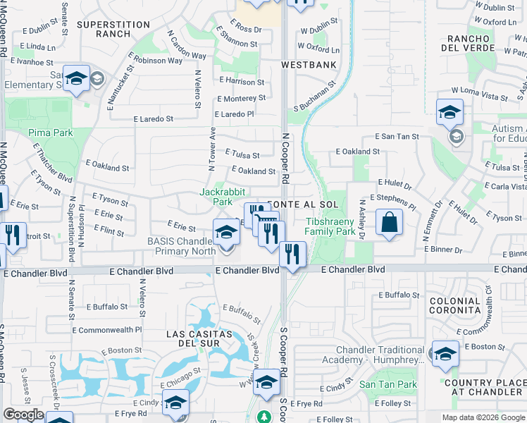 map of restaurants, bars, coffee shops, grocery stores, and more near 1922 East Erie Street in Chandler