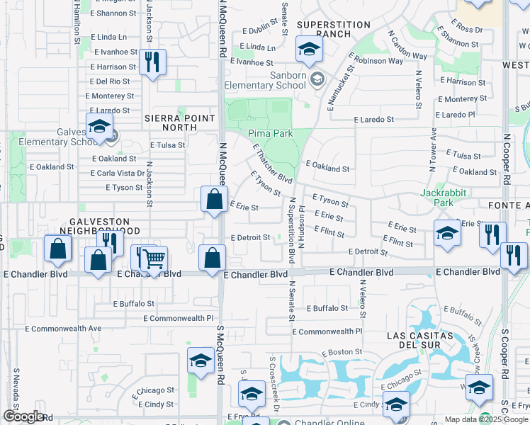 map of restaurants, bars, coffee shops, grocery stores, and more near 1150 East Flint Street in Chandler