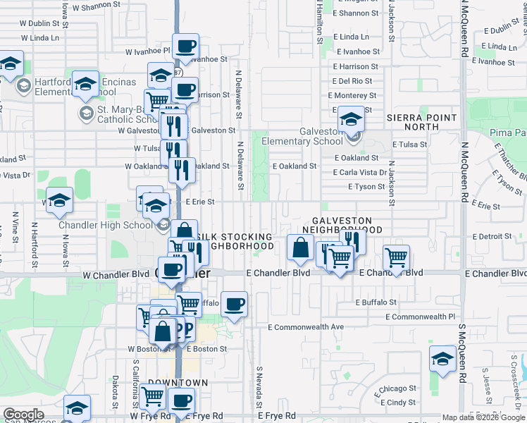 map of restaurants, bars, coffee shops, grocery stores, and more near 348 North Nevada Street in Chandler