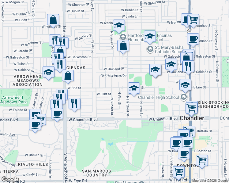 map of restaurants, bars, coffee shops, grocery stores, and more near 351 North Sunset Drive in Chandler