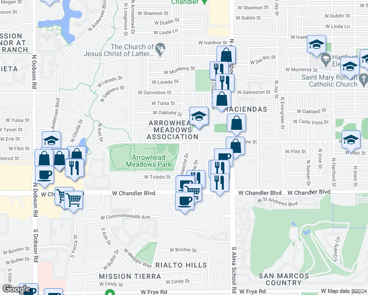 map of restaurants, bars, coffee shops, grocery stores, and more near 330 North Comanche Drive in Chandler