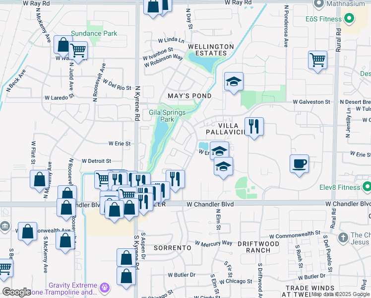 map of restaurants, bars, coffee shops, grocery stores, and more near 444 North Gila Springs Boulevard in Chandler