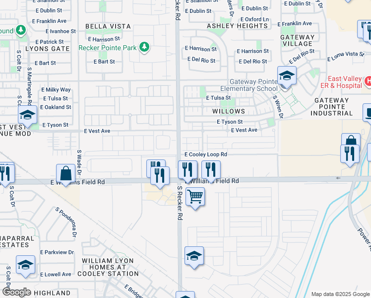 map of restaurants, bars, coffee shops, grocery stores, and more near 4021 East Pony Lane in Gilbert