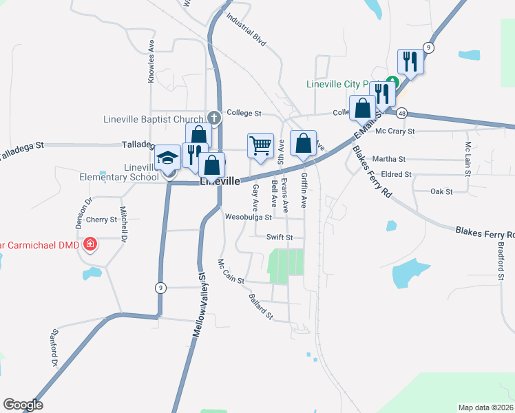 map of restaurants, bars, coffee shops, grocery stores, and more near 125 Gay Avenue in Lineville