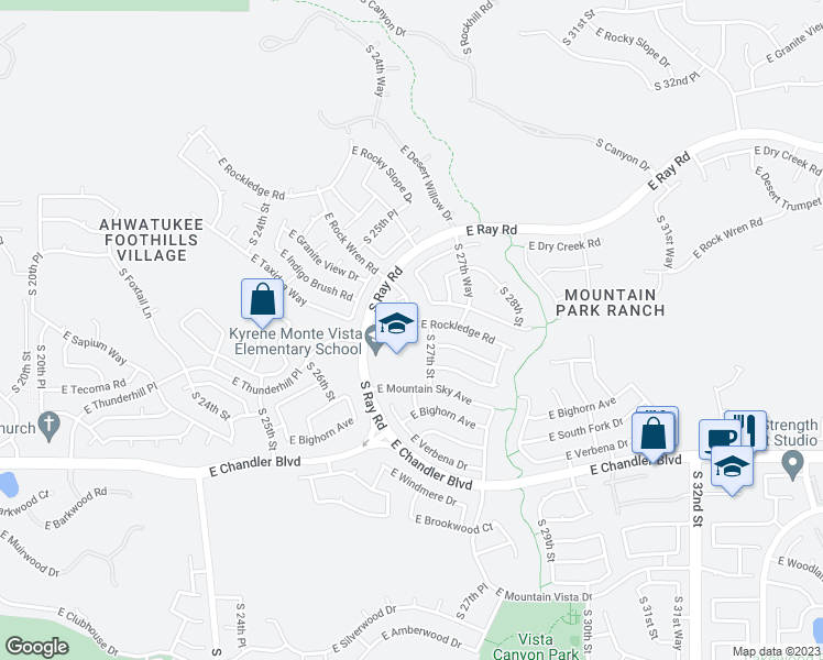 map of restaurants, bars, coffee shops, grocery stores, and more near 2633 East Rockledge Road in Phoenix