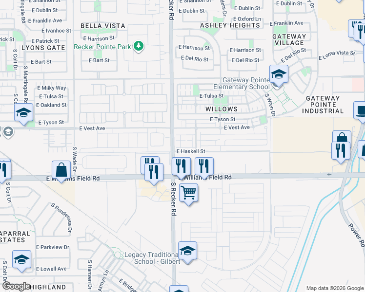 map of restaurants, bars, coffee shops, grocery stores, and more near 4021 East Pony Lane in Gilbert