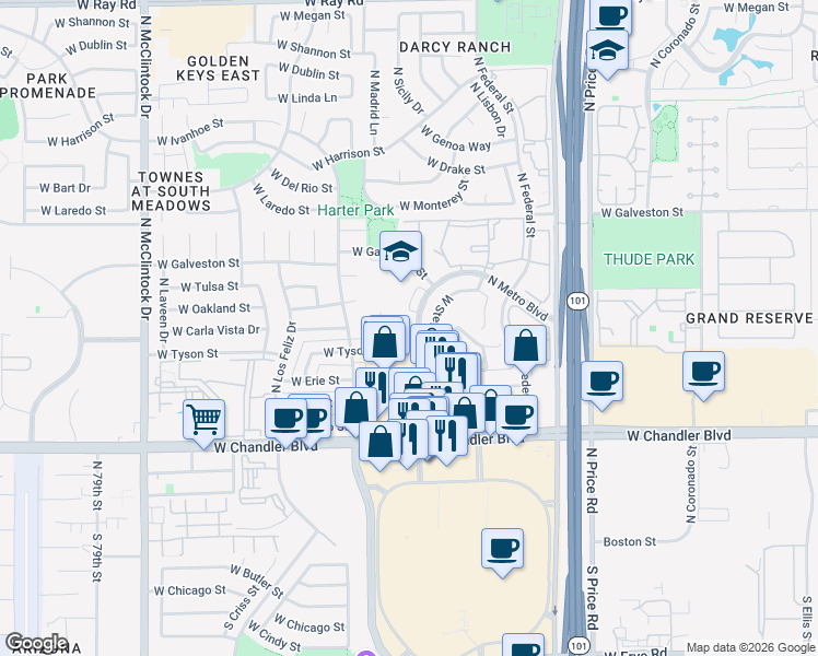 map of restaurants, bars, coffee shops, grocery stores, and more near 407 North Sicily Place in Chandler