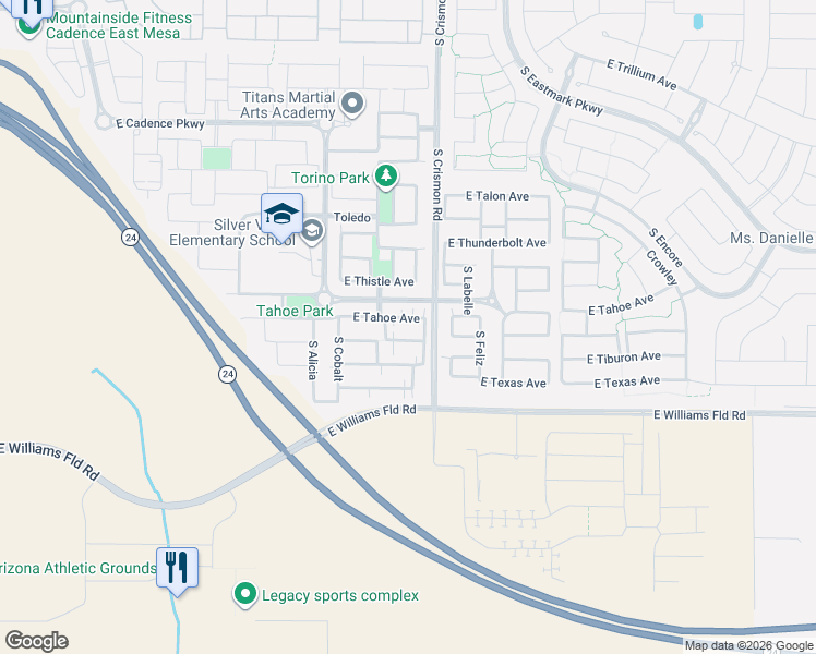 map of restaurants, bars, coffee shops, grocery stores, and more near Williams Field Road in Mesa