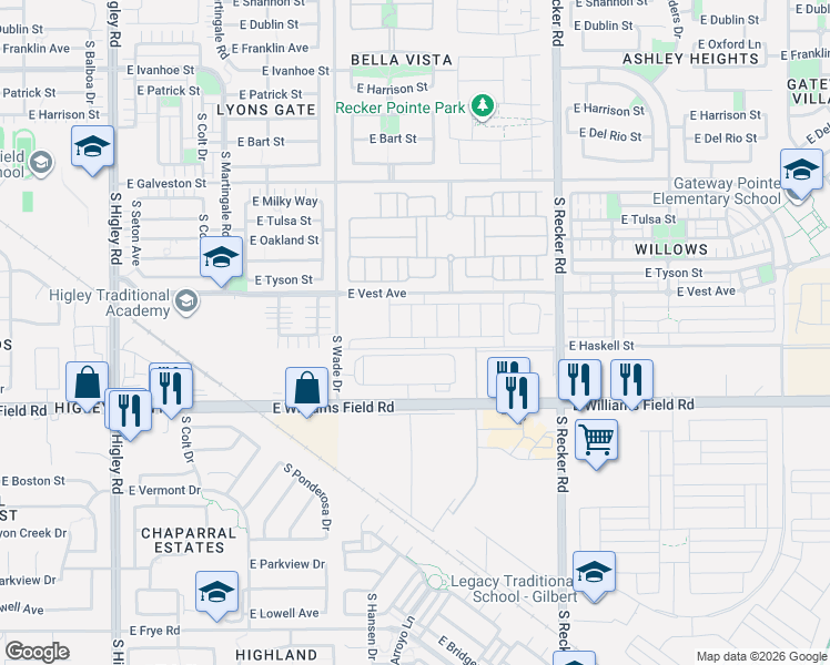 map of restaurants, bars, coffee shops, grocery stores, and more near 3743 East Haskell Street in Gilbert