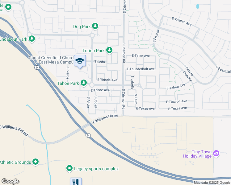 map of restaurants, bars, coffee shops, grocery stores, and more near Williams Field Road in Mesa