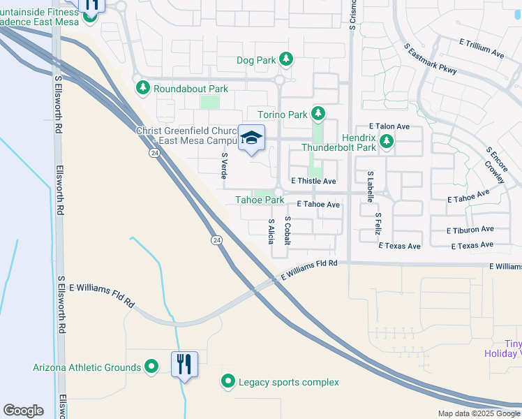 map of restaurants, bars, coffee shops, grocery stores, and more near 9752 South Tillman Avenue in Mesa