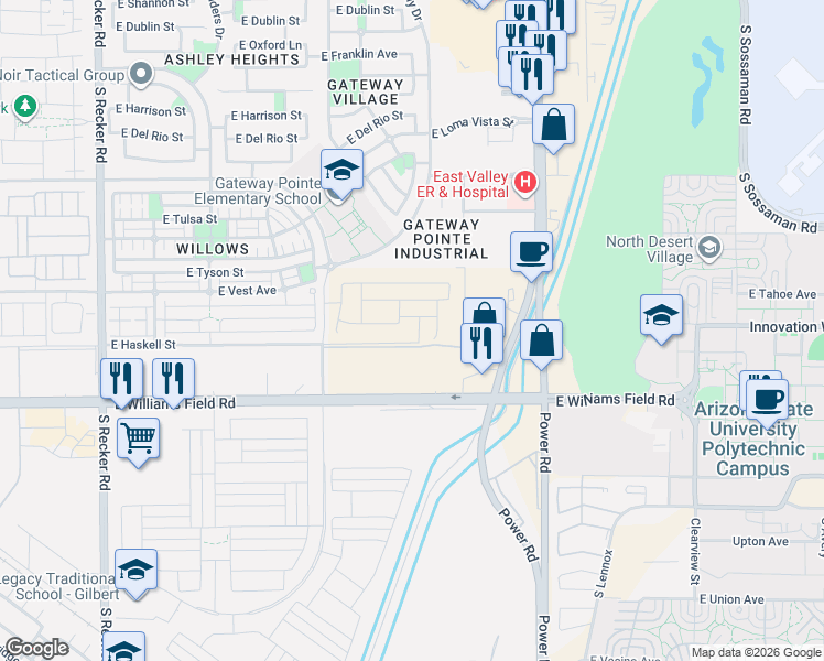 map of restaurants, bars, coffee shops, grocery stores, and more near 5850 South Power Road in Gilbert