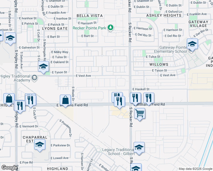 map of restaurants, bars, coffee shops, grocery stores, and more near 3811 E Cooley Loop N in Gilbert