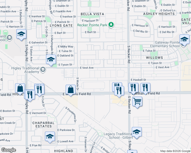 map of restaurants, bars, coffee shops, grocery stores, and more near 3743 East Haskell Street in Gilbert