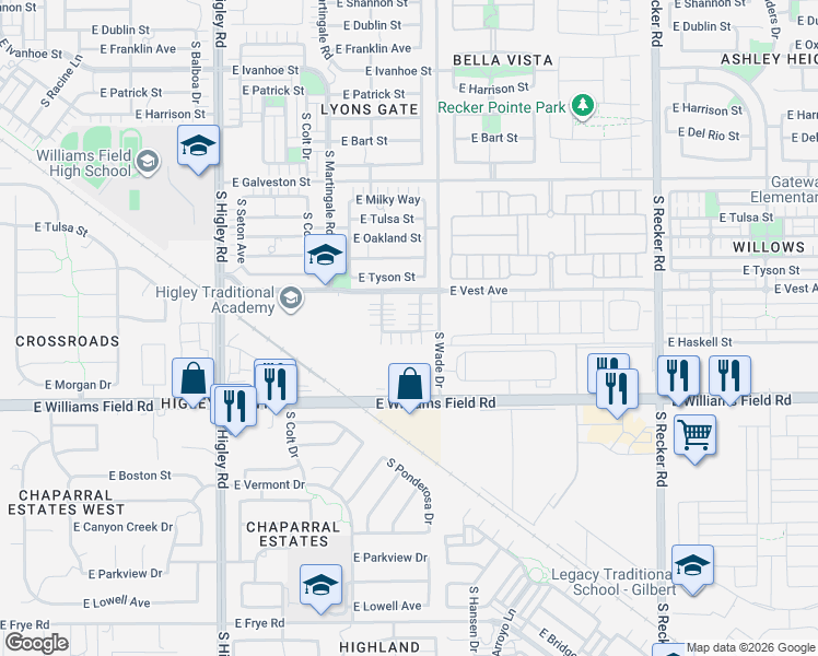 map of restaurants, bars, coffee shops, grocery stores, and more near 3533 East Erie Street in Gilbert