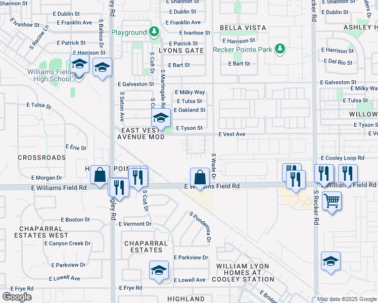 map of restaurants, bars, coffee shops, grocery stores, and more near 3533 East Erie Street in Gilbert